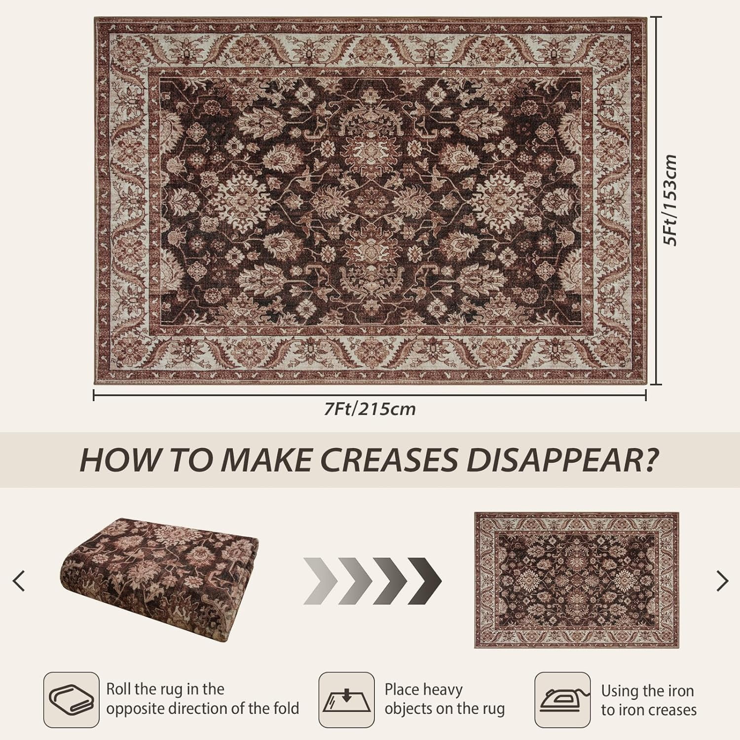 Homore Vintage Boho Traditional Oriental Faux Wool Area Rug, 5' x 7', Reddish brown