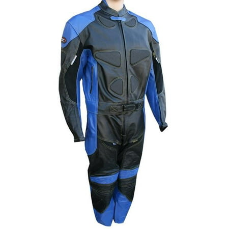 Perrini 2 PC Blue Spine Protector Cowhide Motorcycle Leather Suit Race Suit with Night Visibility (Best Motorcycle Race Suit)