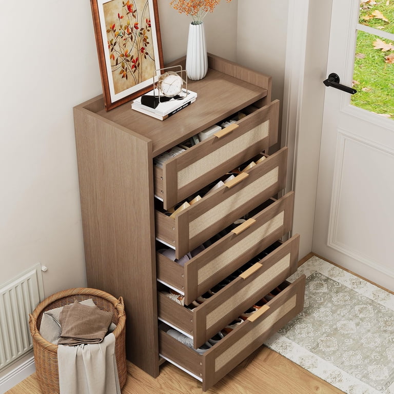 Luku Boho Rattan 5 Drawer Dresser, Tall Oak Chest of Drawers with Wood Handles & Open Shelf, Clothes Storage Cabinet for Bedroom, Hallway, Nursery, 