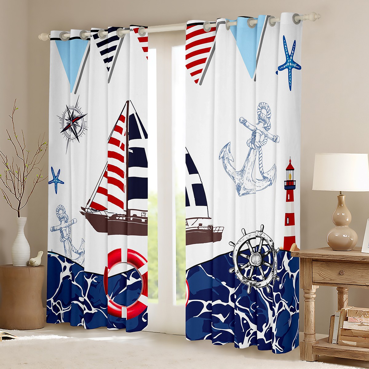 Erosebridal Anchor Boat Curtains for Living Room,Nautical Compass Blackout Curtains Set of 2 (38x45),Ocean Sea Curtains and Drapes (38x45),Marine Room Decoration