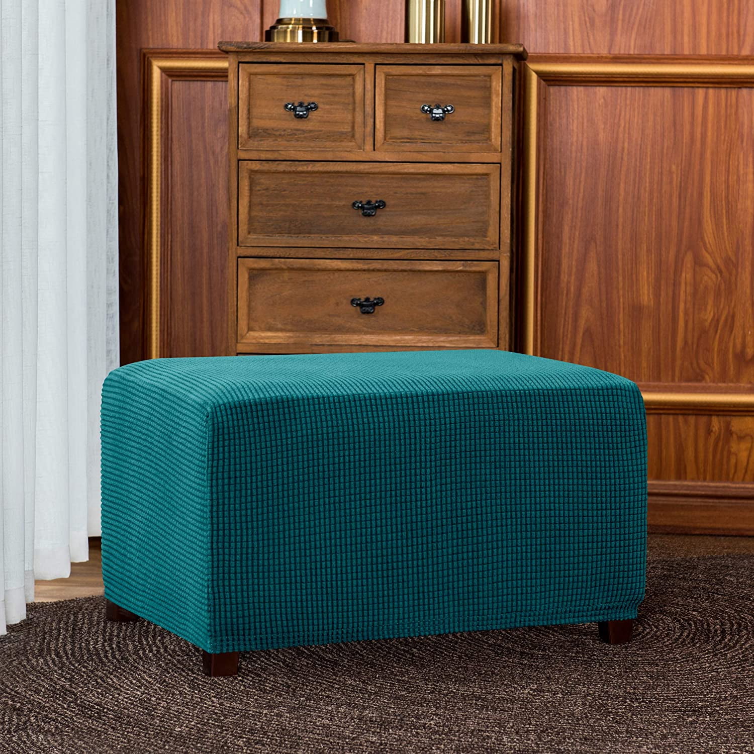 Subrtex Stretch Textured Grid Oversized Ottoman Slipcover, Turquoise