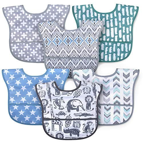 6 Pack Adjustable Waterproof Baby Bibs with Food Catcher Pocket