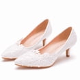 thumbnail image 2 of XIHAHA-zapatos de boda con flores de encaje para mujer, zapatillas planas con punta de cristal, color blanco, 2 of 5
