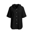 thumbnail image 6 of Women's Casual Short Sleeve Collar Hoodie Blouse, Solid Color Imitation Linen Top, 6 of 6