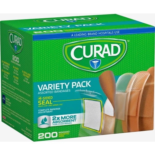 Curad Variety Pack 4-sided Seal Bandages 200/Box - Assorted - Fabric, Plastic