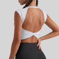 thumbnail image 4 of Workout Tops for Women Cap Sleeve Open Back Cutout Cropped Slim Fit Tees Cross Wrap Hem with Built-in Support Bra Shirts Gym Fitness Daily Summer Streetwear Outfits White XL, 4 of 8