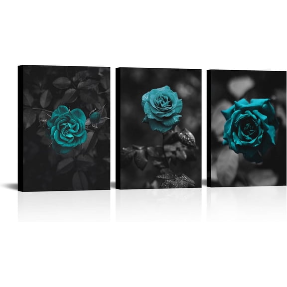 LyeArtork 3 Pieces Teal Rose Canvas Wall Art Romantic Aqua Flower Canvas Prints Pictures Black Painting Artwork Wall Decor for Living Room Bedroom Bathroom Office 12x16inchx3pcs