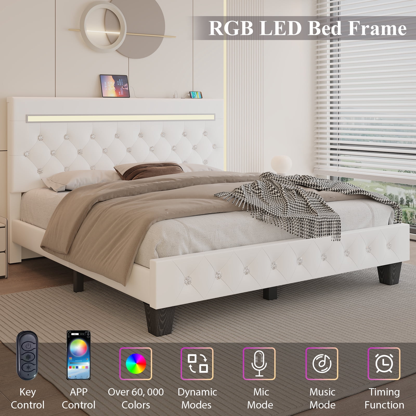 Full Size Faux Leather LED Bed Frame with Adjustable Headboard Upholstered Platform Bed with Charging Station Diamond Button Tufted Style, White