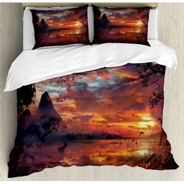 Scenery Decor Queen Size Duvet Cover Set, Ancient First Age Seemed View with Safari Wild Animals Gazelles and Forest Image, Decorative 3 Piece Bedding Set with 2 Pillow Shams, Multi, by Ambesonne