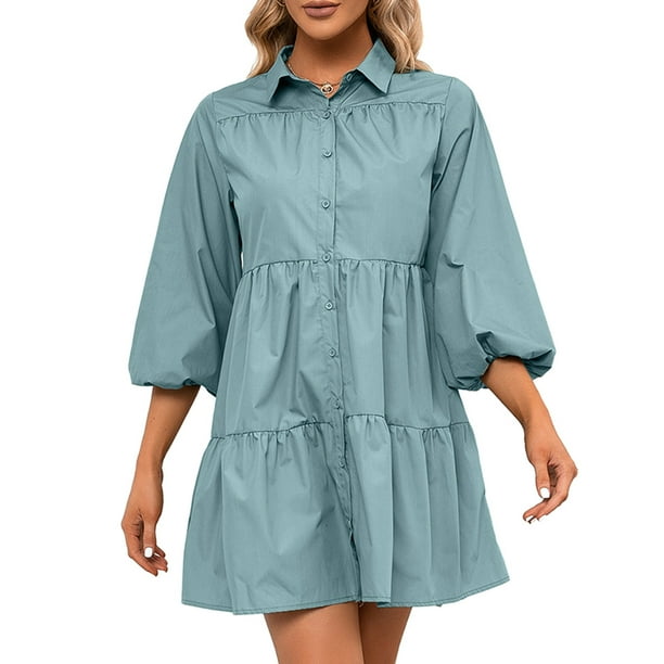 Mini vestido de mujer con botones de manga 3/4 vestido de túnica informal suelto de una línea Irfora Azul/Pequeña
