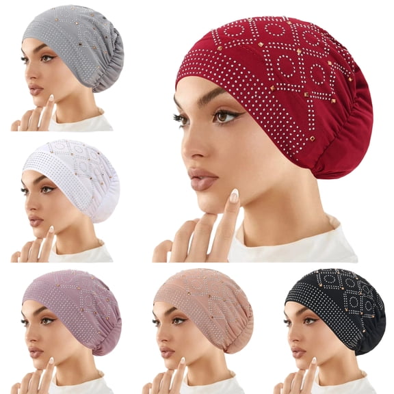 Chemo Headwear for Women Rhinestone Beanies with Stretch Elastic Turbans Soft Cancer Hats Head Coverings Black One Size