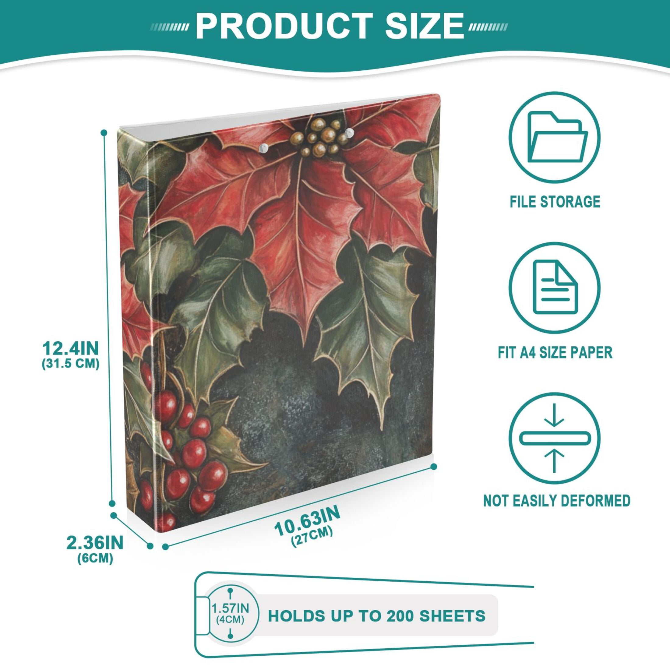 Adorned Poinsettia Holly Leaves 3 Ring Binders 1.5 inch Hardcover File Folders with Interior Pockets A4 Size Organizer for School Office Hospital