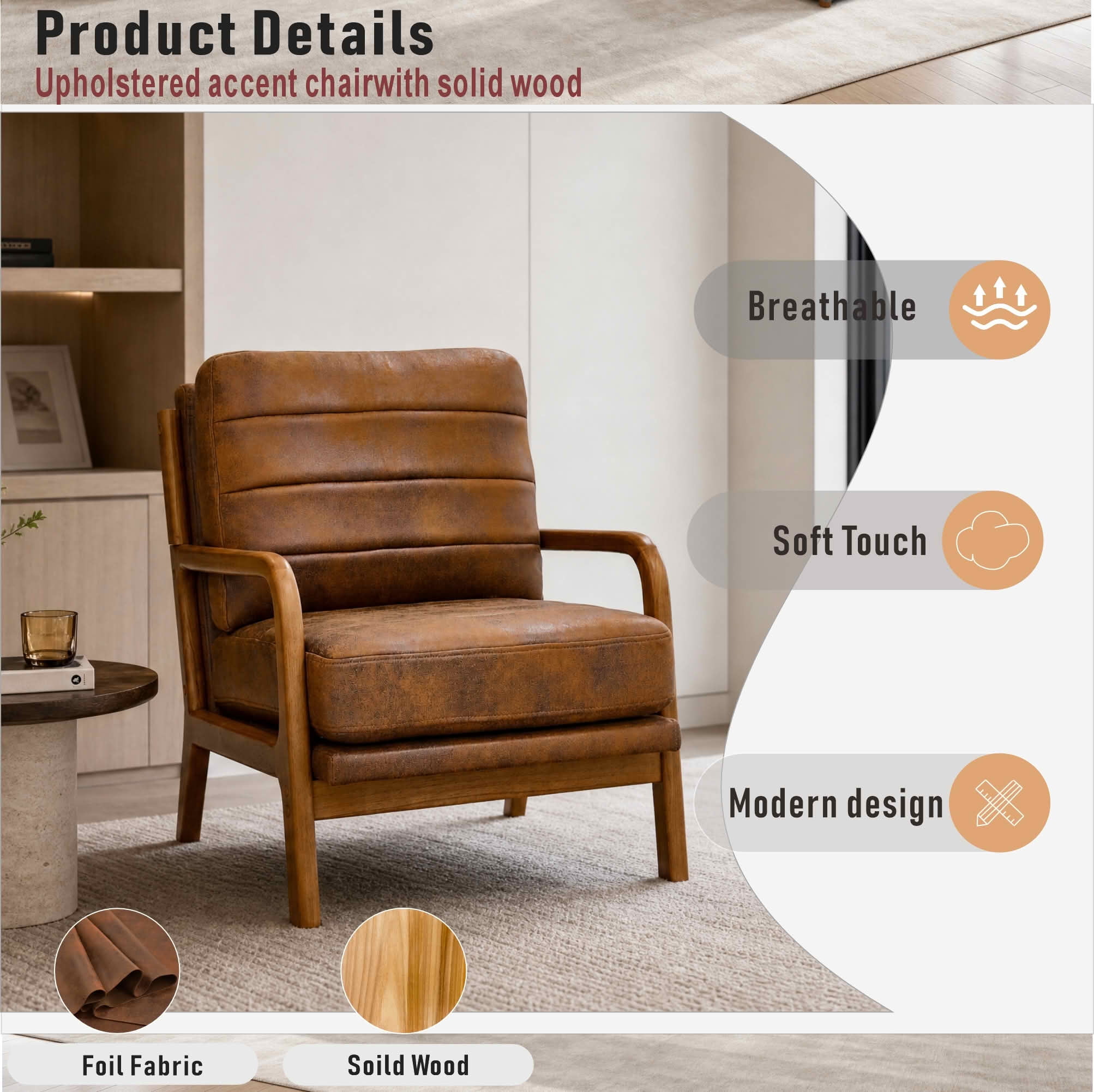 MAYEERTY 26 In Solid Wood Armchair, Curved Armrests, Foil Fabric, Memory Foam, Light Brown, 300 lb