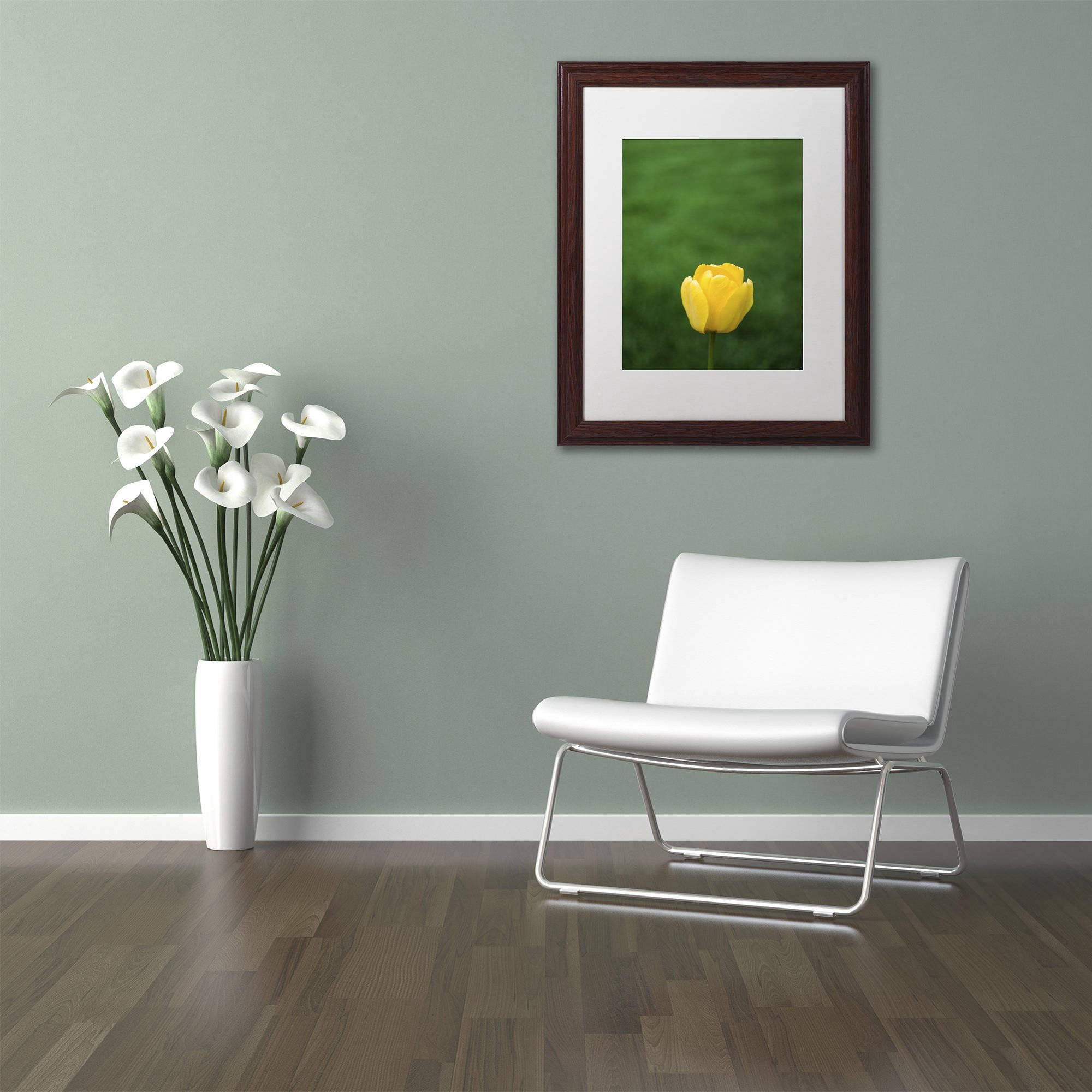 Trademark Fine Art "A Lone Yellow Tulip" Canvas Art by Kurt Shaffer, White Matte, Wood Frame
