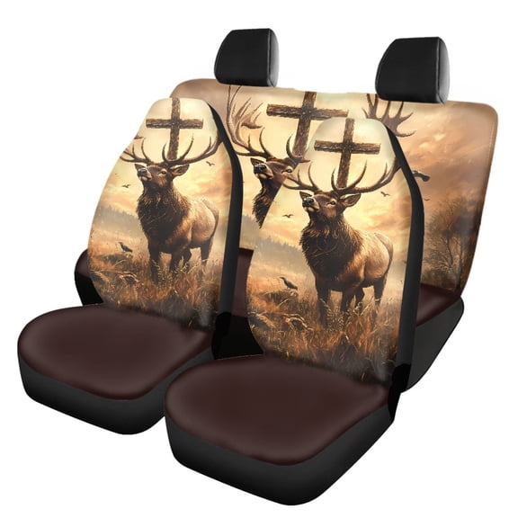 FOR U DESIGNS Cross Deer Pattern Automotive Seat Cover Anti-Slip Car Seat Protectors Scratch-Resistant Automotive Interior Decoration Fit for Most Vehicles, Set of 4