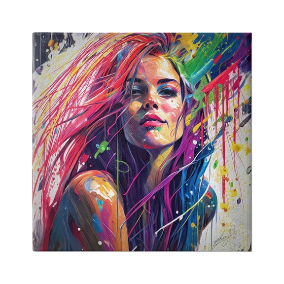 Stupell Industries Modern Girl with Paint Splatter Abstract Painting Gallery Wrapped Canvas Print Wall Art, 17 x 17