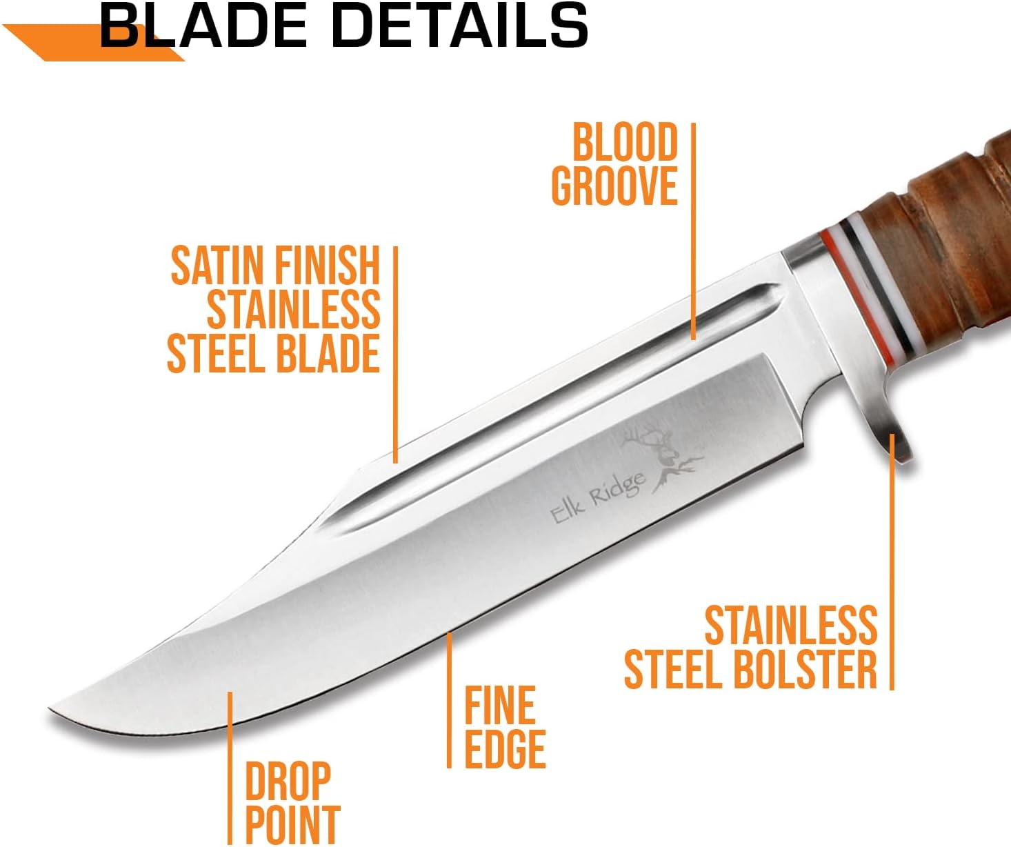 Elk Ridge ER-047 Fixed Blade Knife - 6.25" 3Cr13 Stainless Steel Blade, Black G10 Handle, Full Tang Outdoor Hunting Survival Tactical Knife with Nylon Sheath