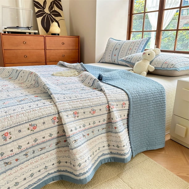 Funda de cama acolchada de algodón, sábana acolchada de algodón de tres piezas con diseño floral, costura de tatami para cama de cuatro estaciones