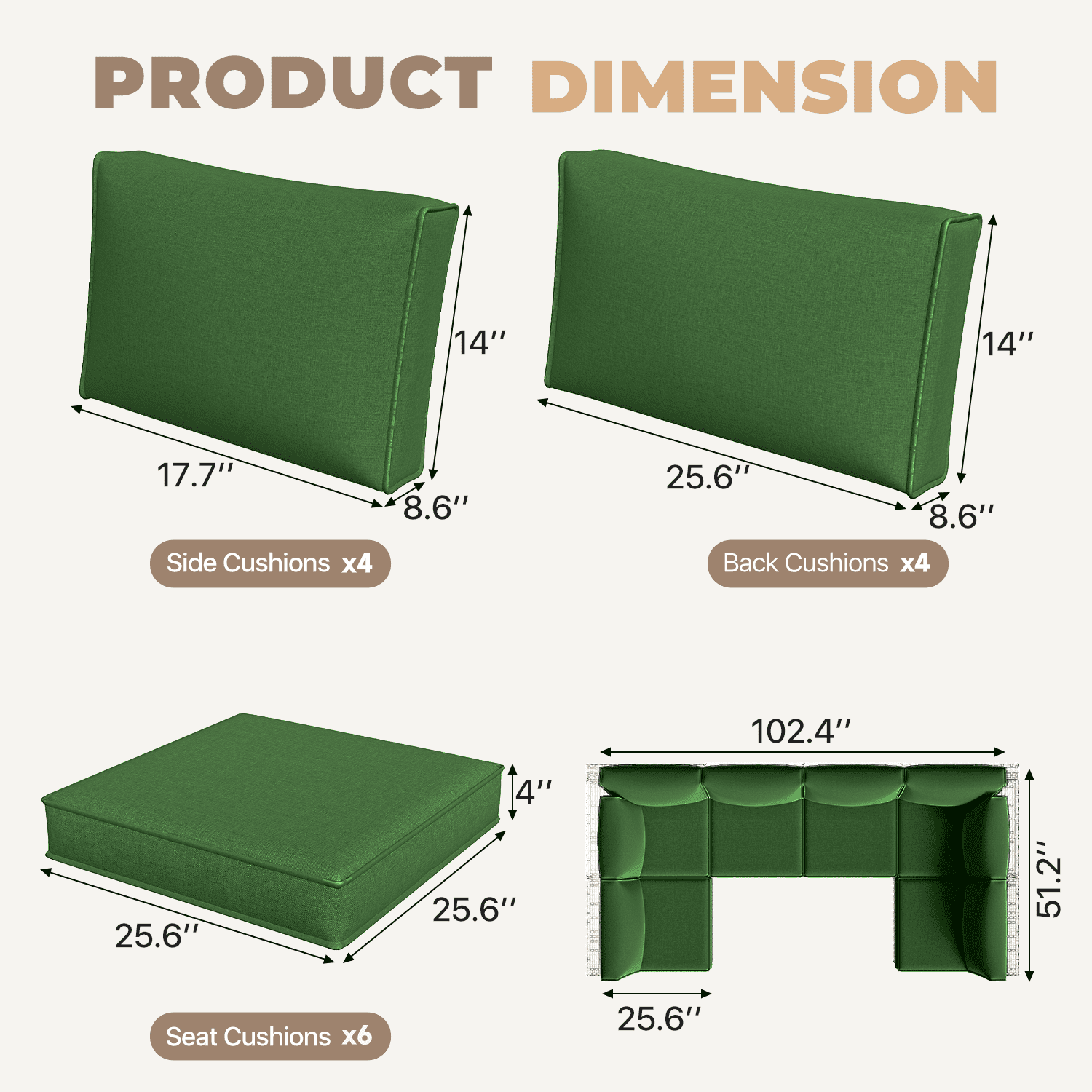 BaPiPro 6-Person Dark Green Outdoor Sectional Sofa Cushions, Waterproof Polyester Patio Cushions with High-Density Sponge & Side Pillows, No Assembly for Backyard, Porch, Deck & Poolside