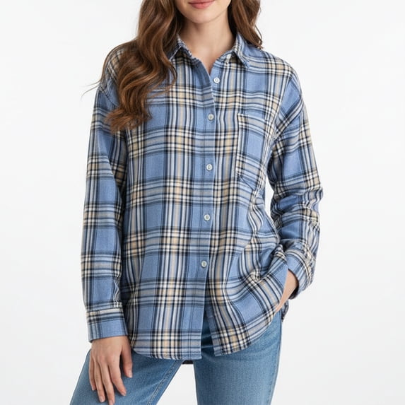 Arlun Womens Long Sleeve Plaid Shirts Button down Lapel College Style Tops Soft Comfort Loose Casual Asymmetrical Hem Blouses Fashion Outfits Light Blue XXXL