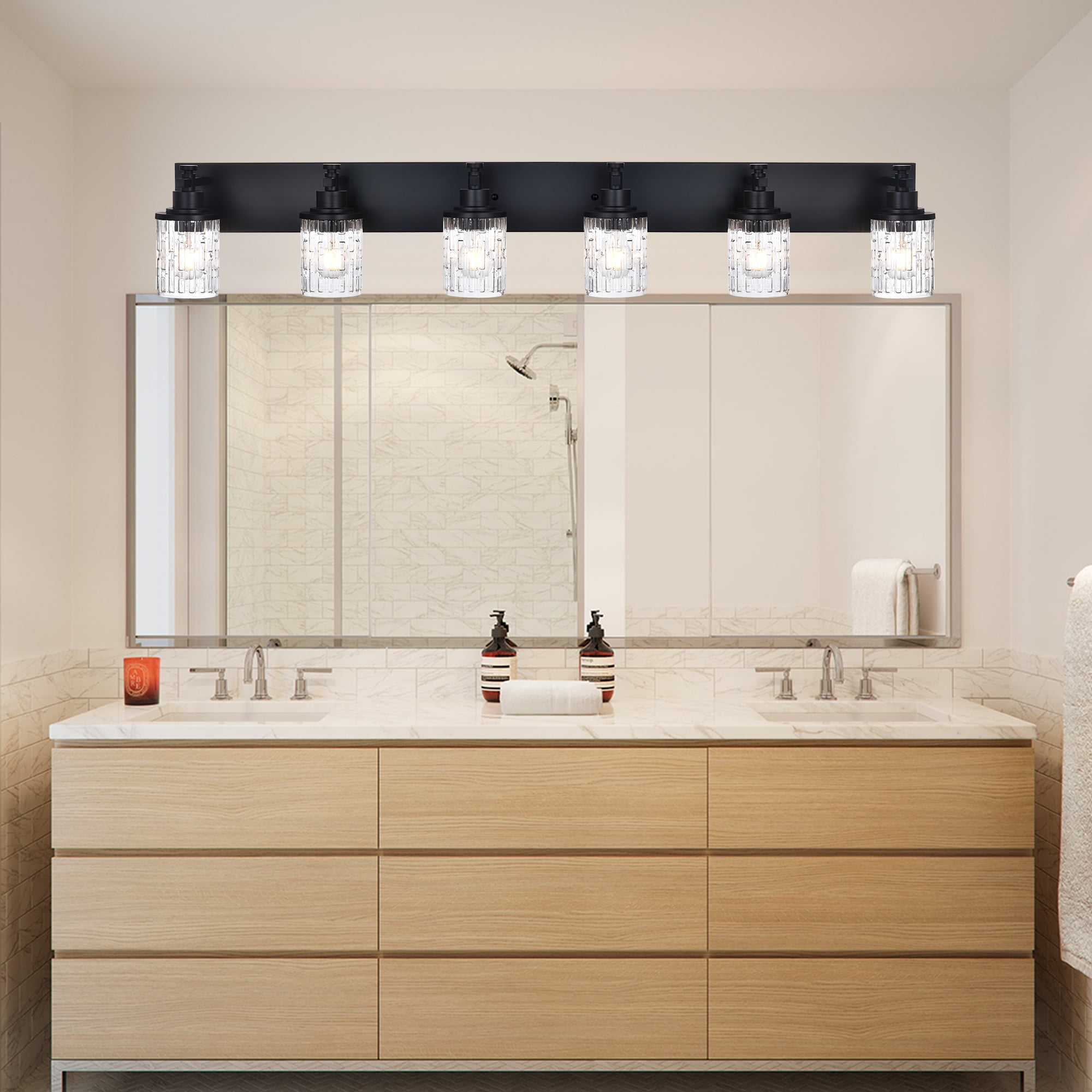 MELUCEE 6-Light Vanity Lighting Fixtures in Matte Black Finish with Clear Grid Glass Shade