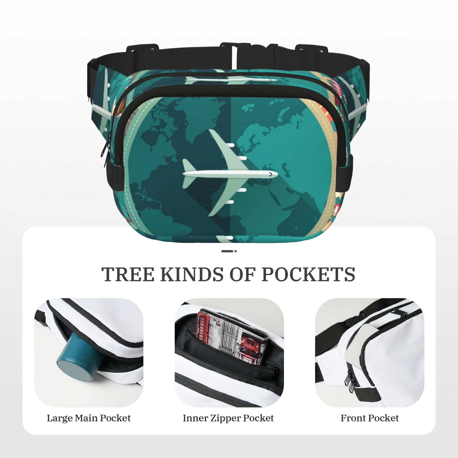 Picia Around The Planet Print Square Double-Layer Waist Bag Mini Adjustable Waist Belt Bag Exercise Running Travel Hiking