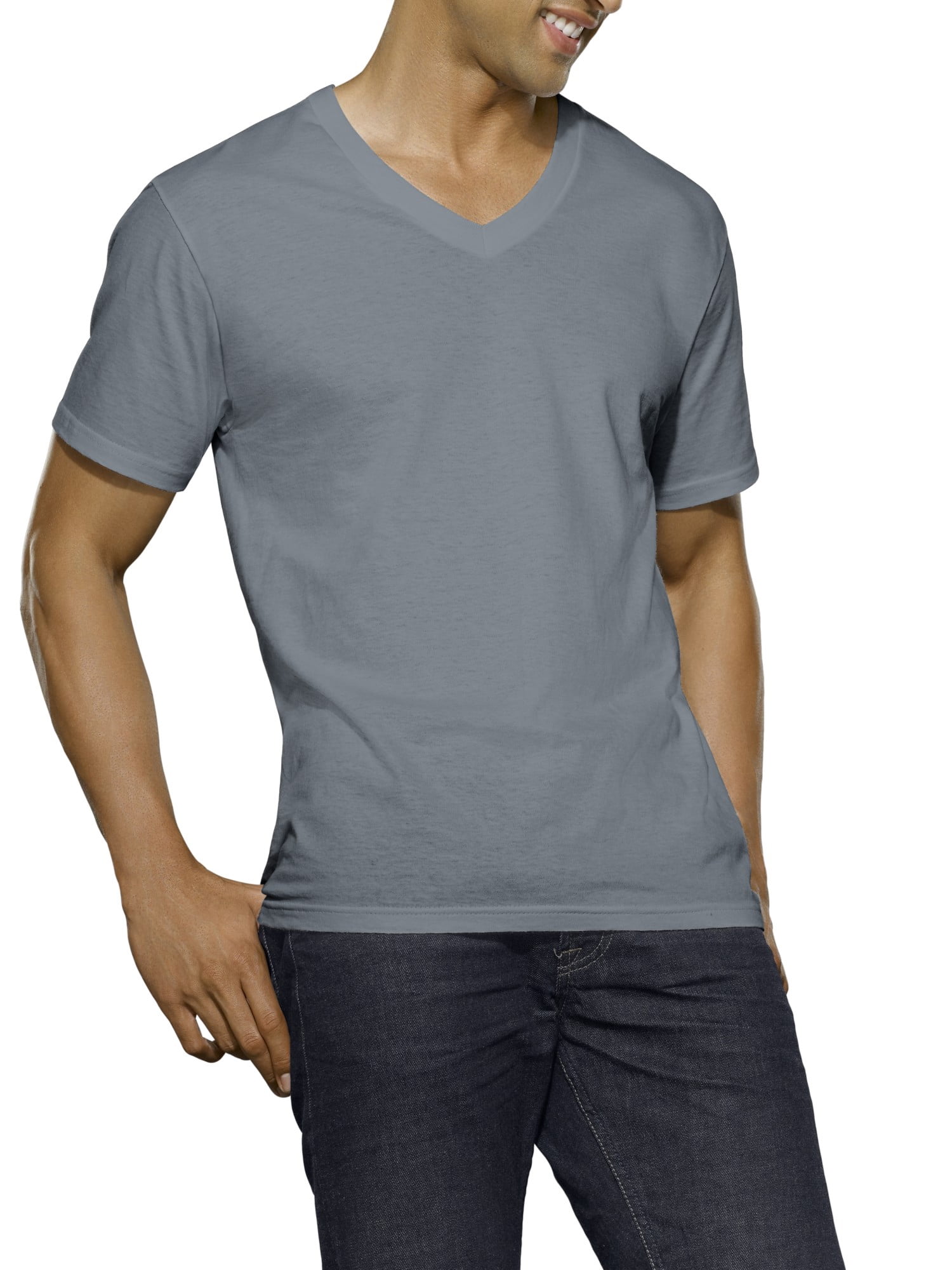 Fruit of the Loom Men's Short Sleeve Black and Gray V-Neck T-Shirts, Extended Sizes, 4 Pack