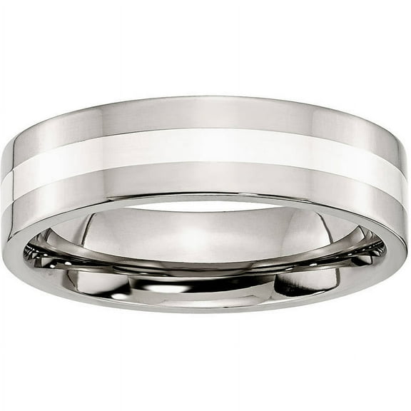 Stainless Steel Sterling Silver Inlay Flat 6mm Polished Band, Available in Multiple Sizes