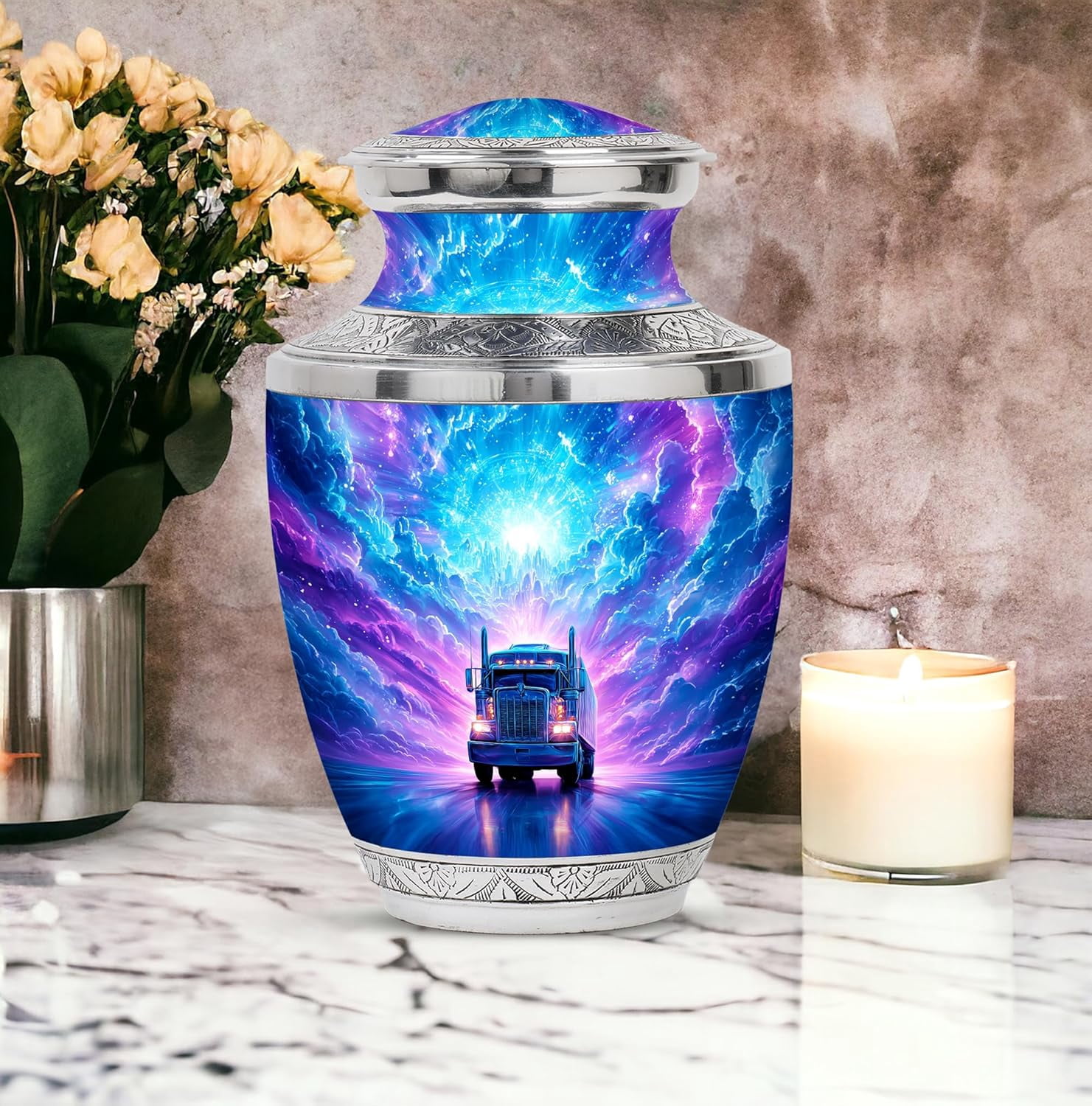 Sunset Semi-truck Cremation Urn For Ashes, Trucker Urn For Human Ashes Adult Man, Funeral Decorative Urns For Human Ash Adult, Burial Urns For Adult Human Ash, Size 6 Inch, 1 Pc