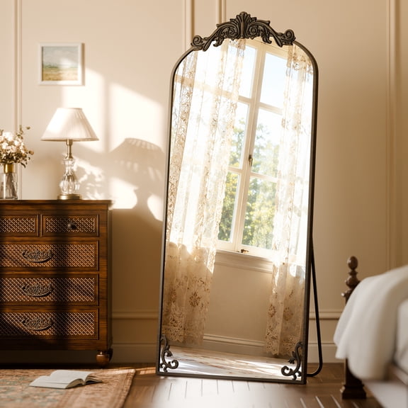 Auromir 32"x71" Vintage Arched Full Length Mirror Antique Metal Floor Mirror with Baroque Style, Antique Bronze