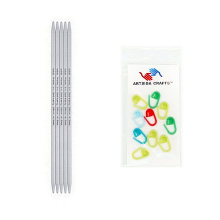 Knitting Needle Sets Aluminum addi Bundle: Double Pointed Aluminum 8-inch (20cm) Knitting Needles (Set of 5) with 10 Artsiga Crafts Stitch Markers ()