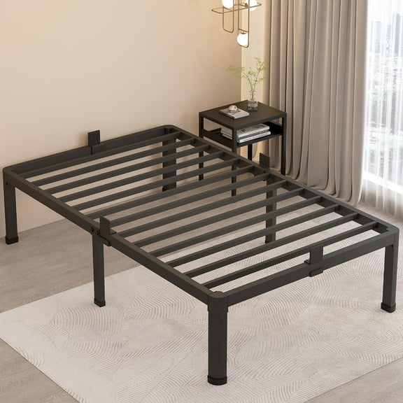 18 Inch Twin Bed Frames with Round Corner Legs Mattress Slide Stopper No Box Spring Needed Heavy Duty Metal Platform Bed Frame Under-Bed Storage Space, 3000 LBS Steel Slats Support