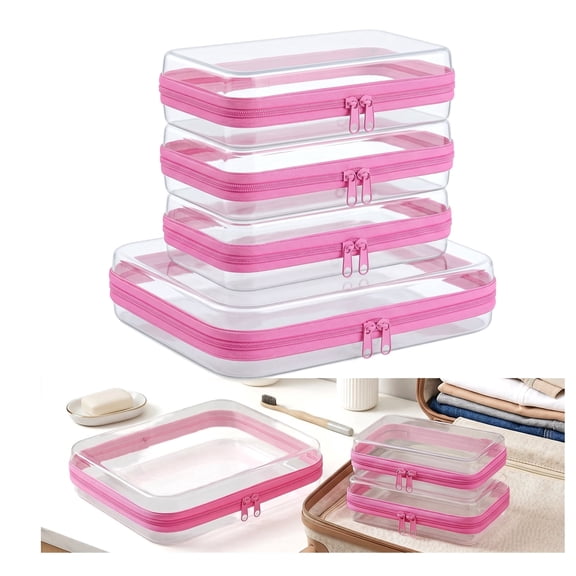 4 Pack Clear Zipper Pouches, Hard Shell Cosmetic Makeup Organizer Bags, Travel Toiletry and Diaper Bag Organizers, Toy Storage Cases, Pink, M 3S