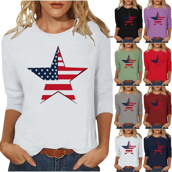 lcziwo 3/4 Sleeve Tops for Women Cotton Patriotic Basic Tee Top Plus Size 250th Stars Stripes Summer Lightweight Tshirt Navy M