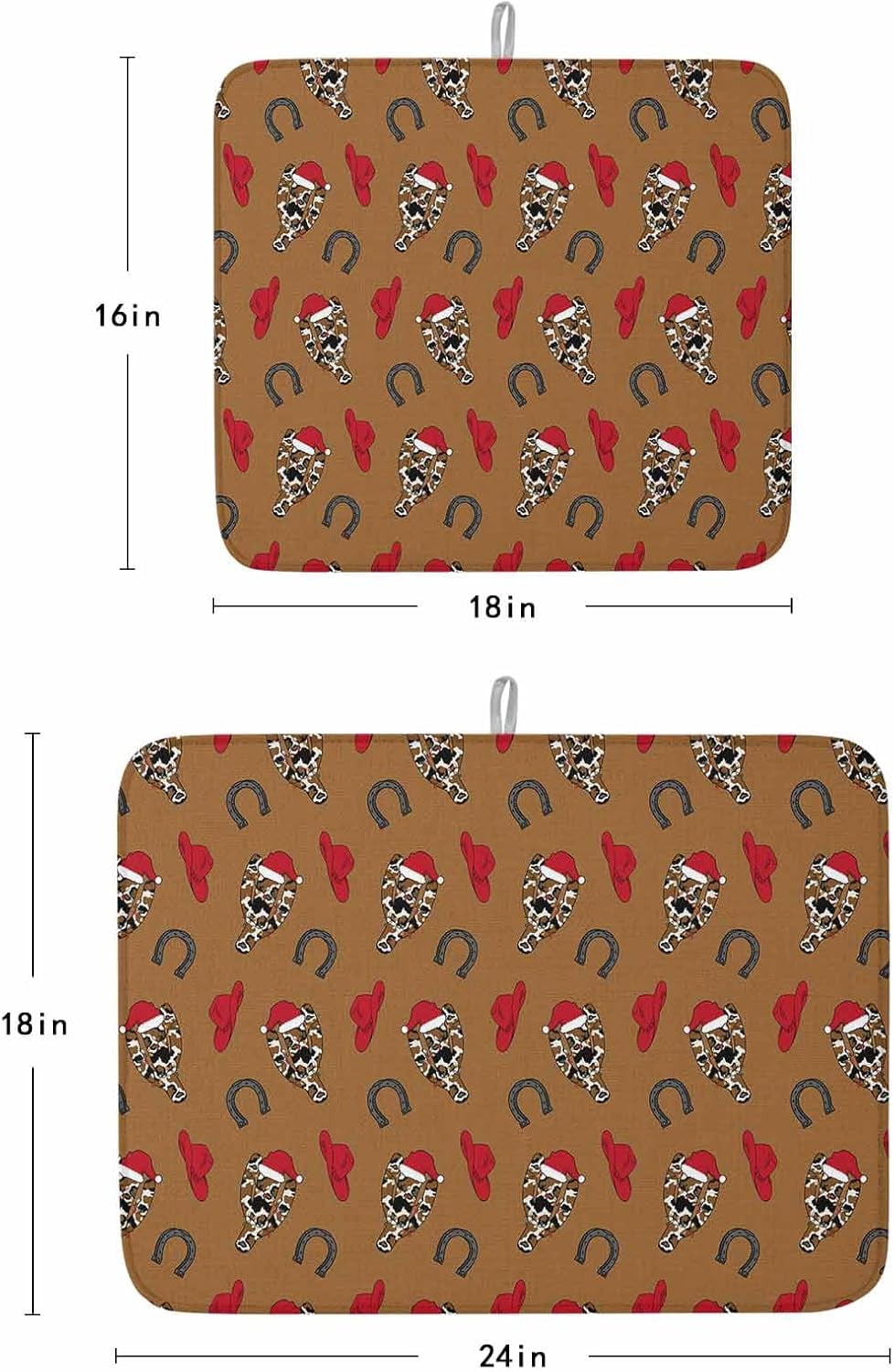 Cowboy Christmas Dish Drying Mat for Kitchen Counter, Western Brown Cactus Xmas Red Baby Bottle Microfiber Drying Pad, Absorbent Coffee Cup Dishes Drainer Mats 16"x18", 2 Pcs