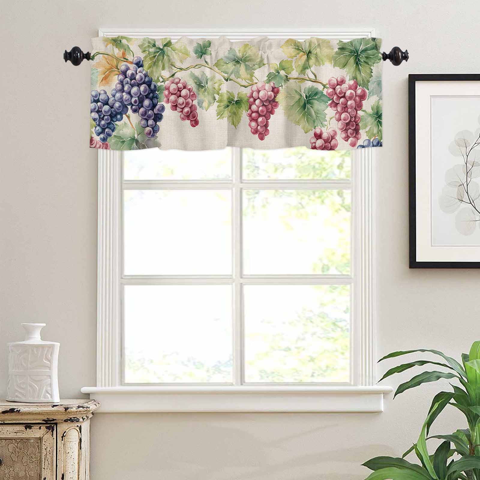 Purple Grape Kitchen Curtains Valances and Tiers Set of 3 Spring Grape Vine Leaf Watercolor Linen Texture Tier Curtains and Valance for Kitchen Bathroom Small Windows 27.5"W x 36"L (Pack of 3)