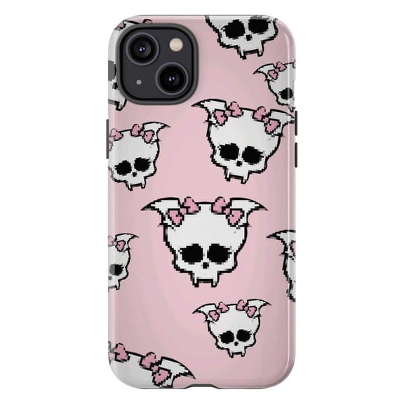 Cute Pink Pixel Skull Phone Case, Retro 8-Bit Style Skull with Bows Pattern, Protective Slim Cover for iPhone 16 15 14 13 12 Pro Max Mini