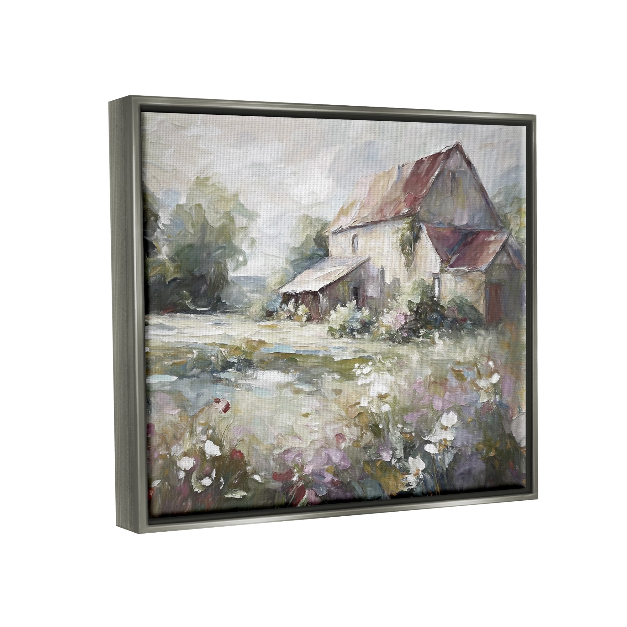 Stupell Industries Muted Cottage Meadow Landscape Painting Gray Floater Framed Canvas Art Print Wall Art, 21 x 17