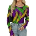 thumbnail image 4 of Mardi Gras Shirts Womens Feathers Print Carnival Crew Neck Tops Sparkly Long Sleeve Green Graphic Tee Green S, 4 of 5