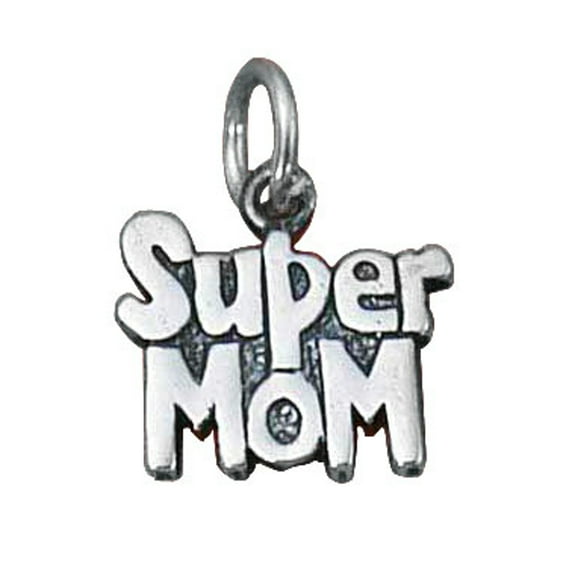 Sterling Silver 24" 1mm Box Chain SUPER MOM Word Pendant Necklace