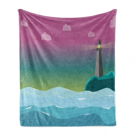 Lighthouse Soft Flannel Fleece Throw Blanket, Gradient Colorful Sky Seashore Print, Cozy Plush for Indoor and Outdoor Use, 50" x 70", Multicolor, by Ambesonne