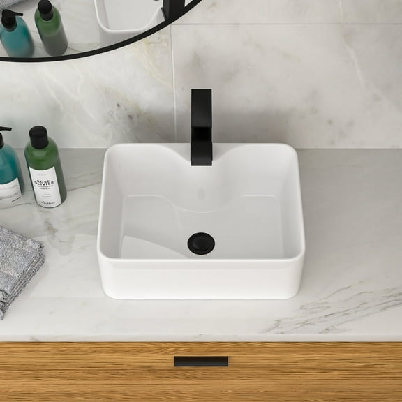 Modern Bathroom Vanity 16"x12" White Ceramic Rectangular Vessel Bathroom Sink with Black Faucet & Black Drain,Wooden Bathroom Vanity