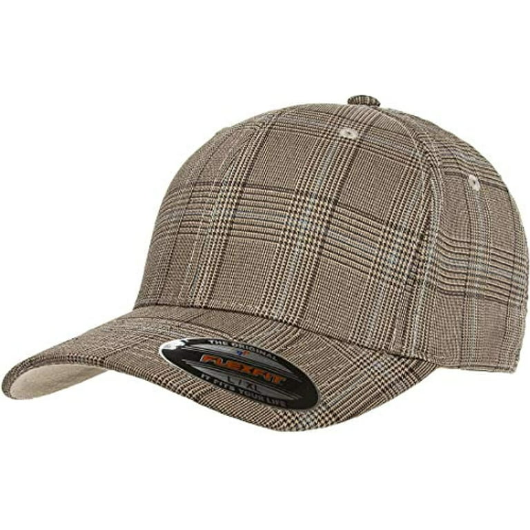 Original Small/Medium Check Plaid Baseball - Brown/Khaki Fit 6196 Fitted Cap Flexfit Hat Glen Blank Flex