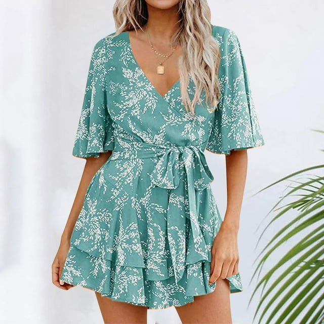 WILLBEST Dresses et Combinaison Robe Plissée à Volants à Manches en V à Fleurs pour Femmes