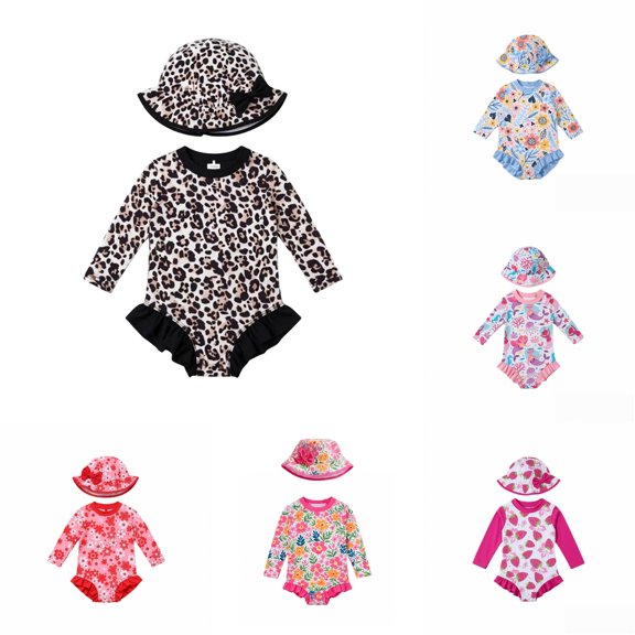 XAOFW Baby Girls One-Piece Swimsuits Long Sleeve Leopard Print Swimwear With Sun Hat Summer Beach Girls Bathing Suits Comfortable Beachwear 9-12 Months