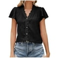 thumbnail image 2 of Wycnly Womens Blouses and Tops Dressy Casual Lace Trim Ruffle Sleeve Lightweight Button Down Tshirts Summer Solid V-Neck Short Sleeve Cute Tees Tops Black l, 2 of 5
