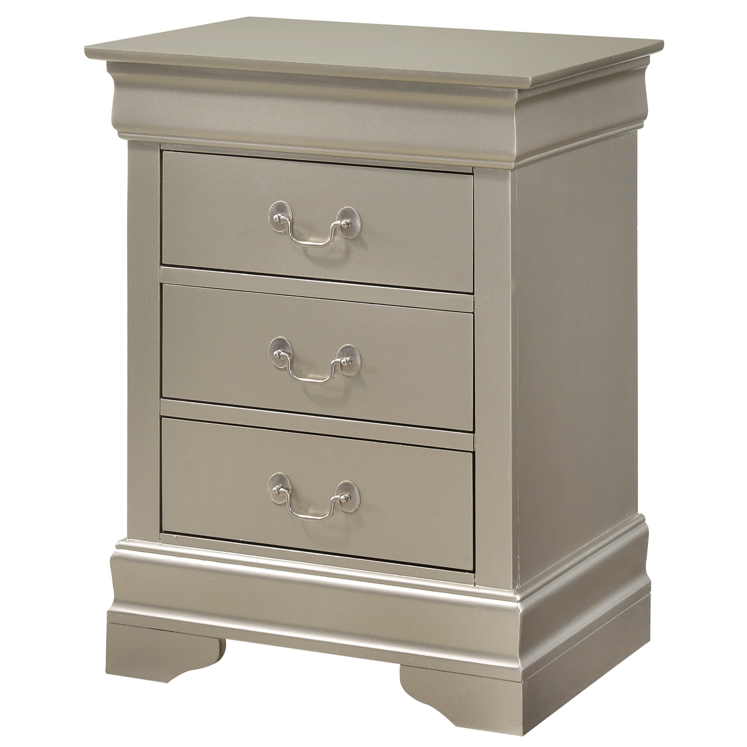 Glory Furniture Louis Phillipe 3 Drawer Nightstand in Silver Champagne