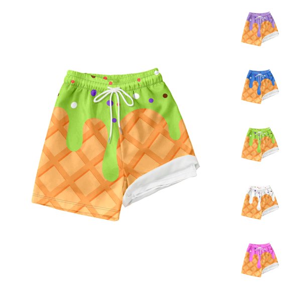Boys Swim Shorts with Compression Liner Ice Cream Print Swim Trunks Elastic Waist Lightweight Boys Swimsuit Beachwear