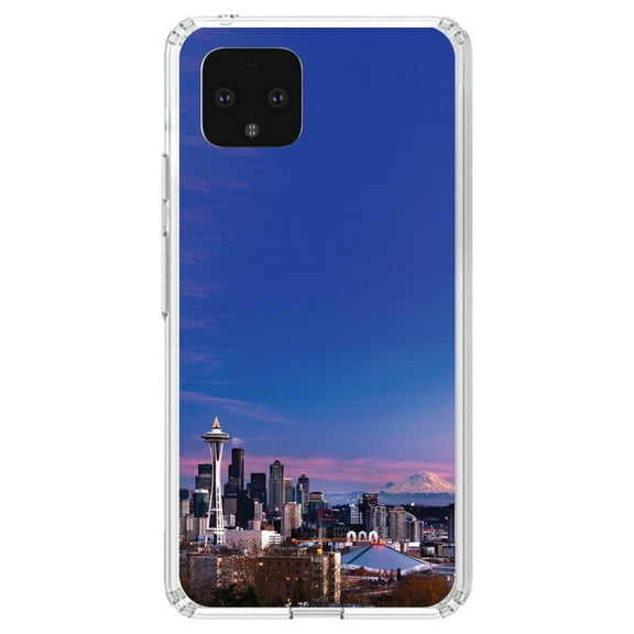 DistinctInk Clear Shockproof Hybrid Case for Google Pixel 4 XL (6.3" Screen) - TPU Bumper, Acrylic Back, Tempered Glass Screen Protector - Seattle Skyline Night - Show Your Love of Seattle