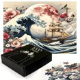thumbnail image 3 of Ambesonne Nautical Jigsaw Puzzle, Floral Japanese Wave Moon, Heirloom-Quality Fun Activity for Family Durable Cardboard, 1000 pcs, Blue Pink Eggshell, 3 of 5